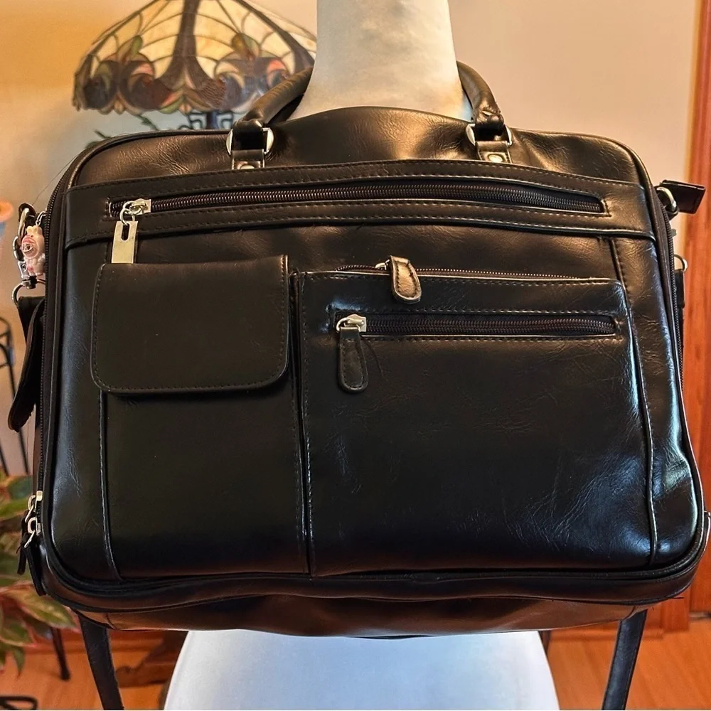 Black Vinyl Laptop Briefcase Business Tote Bag Multi Pocket Zip Work Bag
